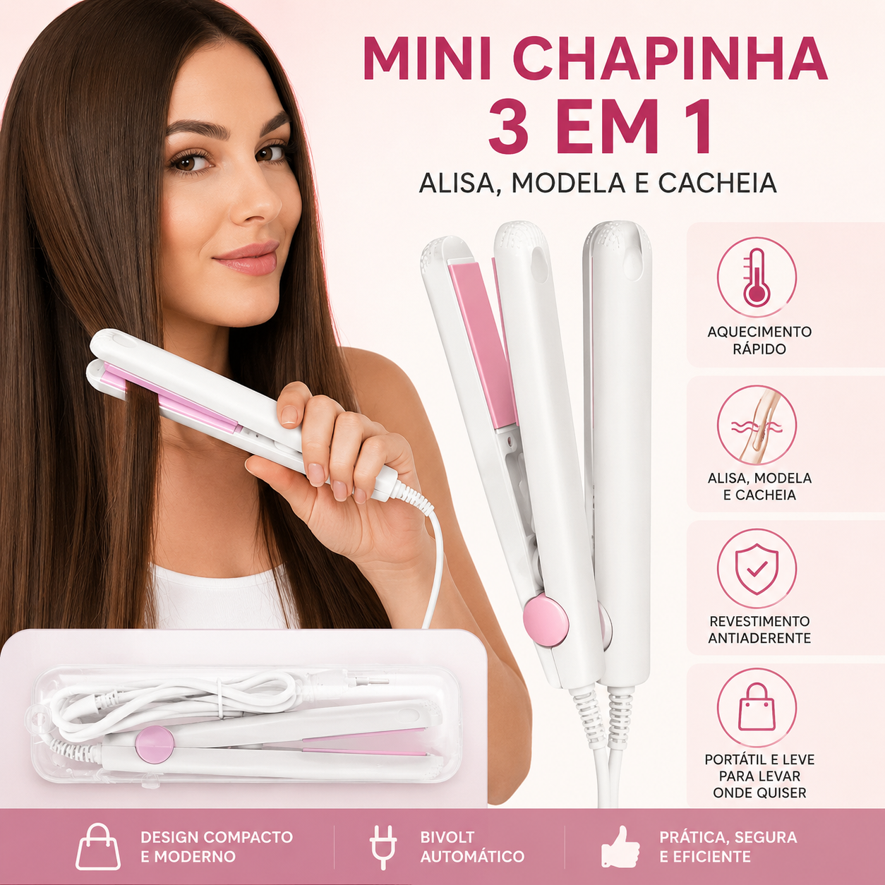 Mini Chapinha Portátil 3 em 1 com Aquecimento Rápido e Estojo