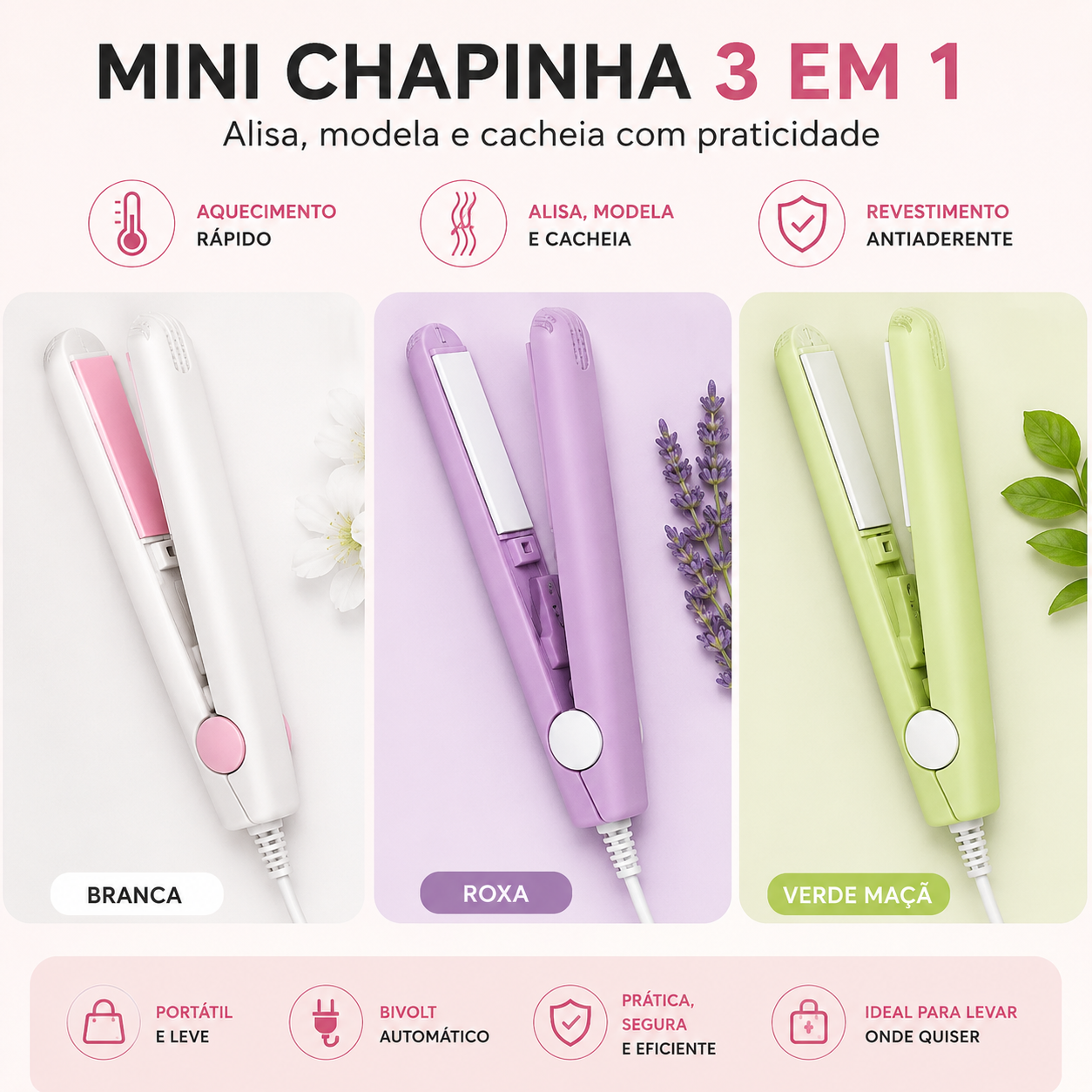 Mini Chapinha Portátil 3 em 1 com Aquecimento Rápido e Estojo