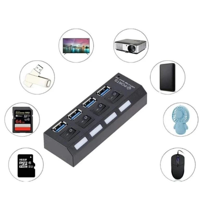 Hub USB com 4 Entradas USB 2.0 de Alta Velocidade com Botão Liga/Desliga