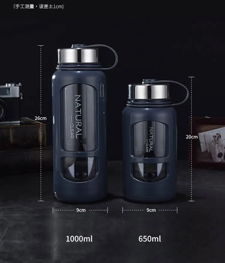 Portable Water Bottle Glass 520/650/1000ml Large Capacity Cup Fitness Outdoor Sports Leak-proof Bike Climbing Camping