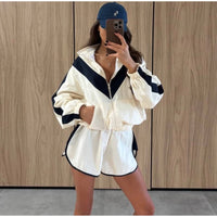 Fashion Contrast 2 Piece Short Set Women's Stand Collar Zip Lightweight Jacket Loose Mini Shorts 2026 New Lady Casual Outfit