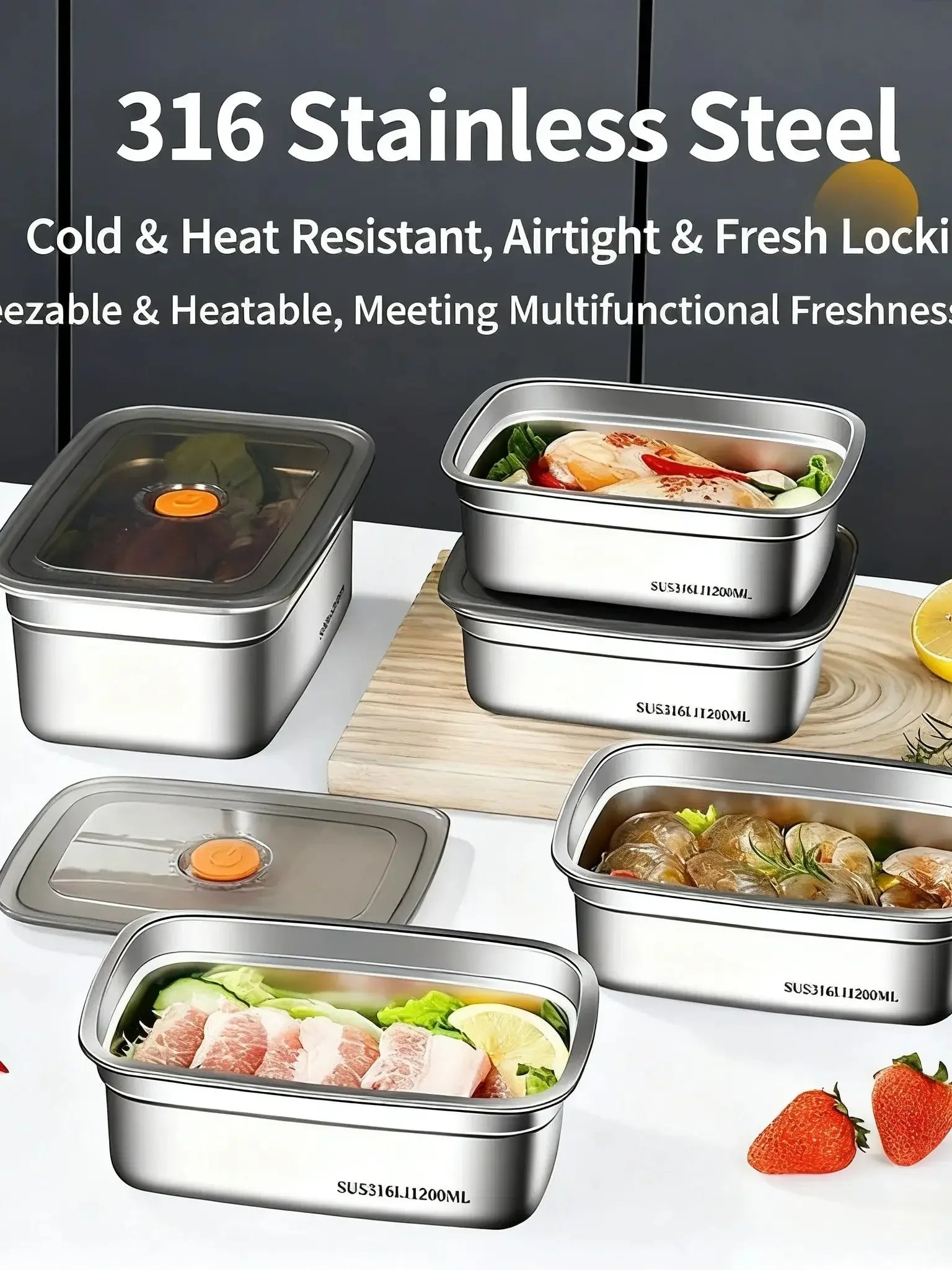 Large Capacity Stainless Steel Leak Proof Sealed Bento Box Microwave Safe for Camping Fridge Freezer Food Storage