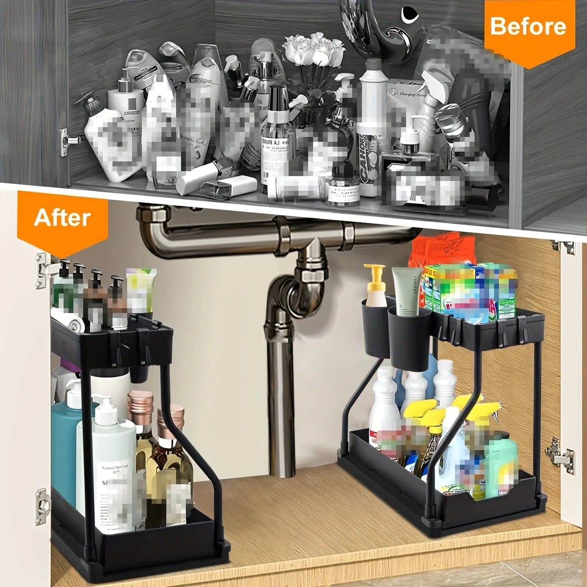 Space Saving 2 Tier Under Sink Organizer Pull Out Durable Storage Box For Kitchen Bathroom Large Capacity Drawer Organizer