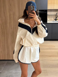 Fashion Contrast 2 Piece Short Set Women's Stand Collar Zip Lightweight Jacket Loose Mini Shorts 2026 New Lady Casual Outfit