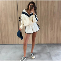 Fashion Contrast 2 Piece Short Set Women's Stand Collar Zip Lightweight Jacket Loose Mini Shorts 2026 New Lady Casual Outfit