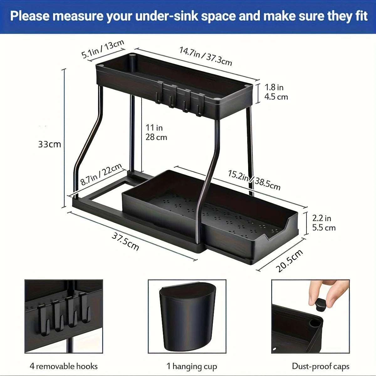 Space Saving 2 Tier Under Sink Organizer Pull Out Durable Storage Box For Kitchen Bathroom Large Capacity Drawer Organizer
