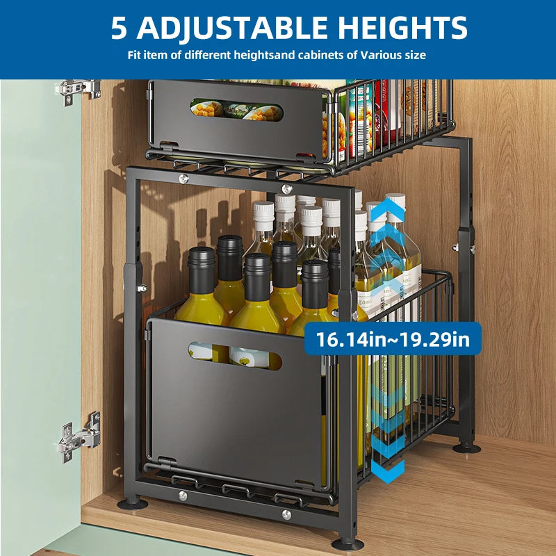 Under Sink Organizer 2 Tier Height Adjustable Cabinet Storage Metal Kitchen Organizer Multi-purpose Organizers for Cupboard