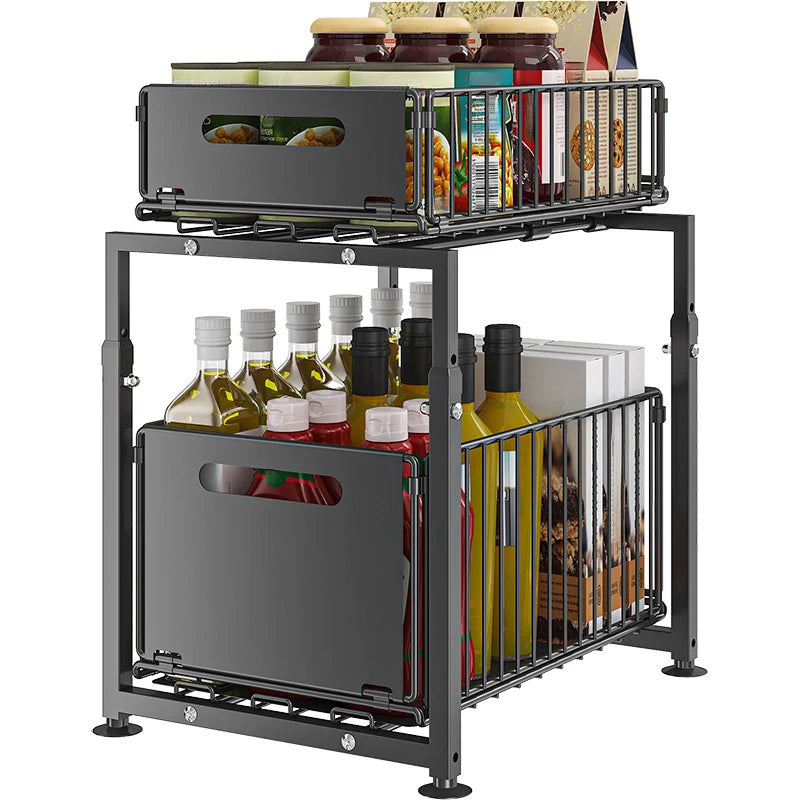 Under Sink Organizer 2 Tier Height Adjustable Cabinet Storage Metal Kitchen Organizer Multi-purpose Organizers for Cupboard