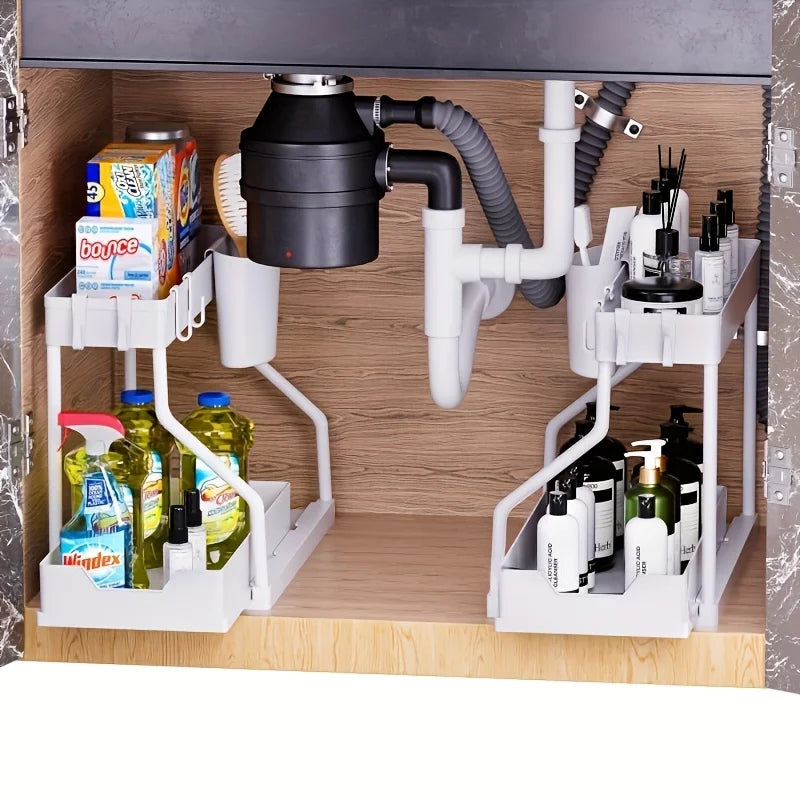Space Saving 2 Tier Under Sink Organizer Pull Out Durable Storage Box For Kitchen Bathroom Large Capacity Drawer Organizer