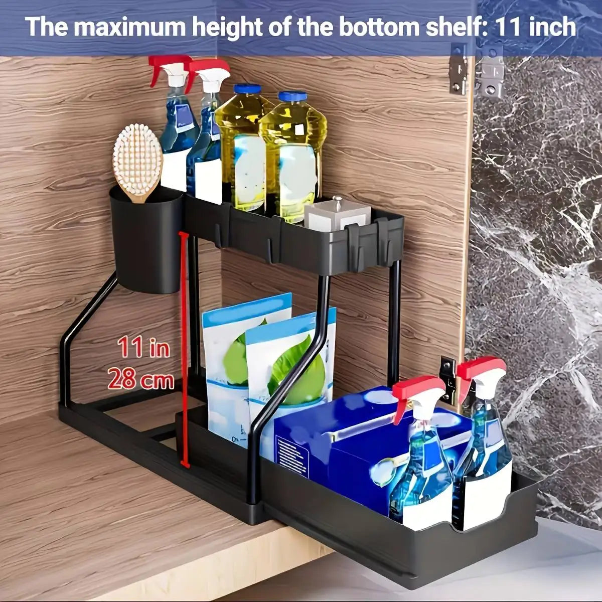 Space Saving 2 Tier Under Sink Organizer Pull Out Durable Storage Box For Kitchen Bathroom Large Capacity Drawer Organizer