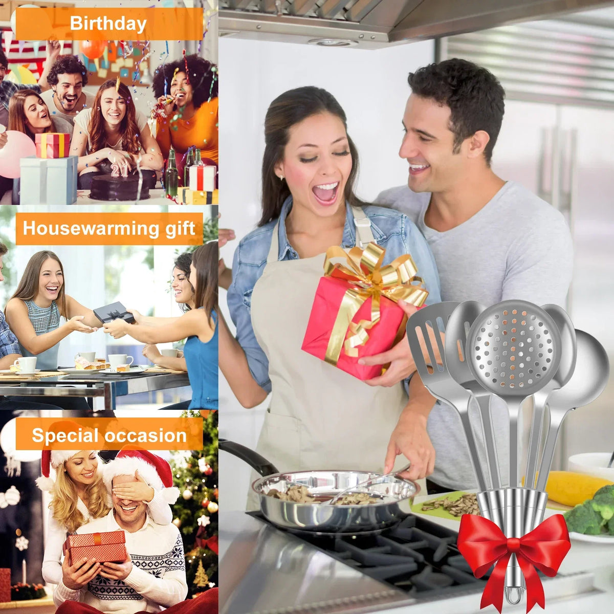 5Pcs Kitchen Cooking Utensils Set Stainless Steel Spoons Spatula Set with Ergonomic Handle Heavy-Duty Washable Spoons Utensils