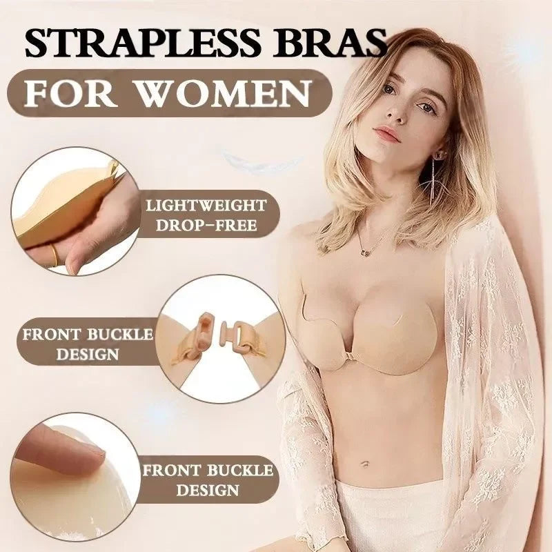 Reusable Women's Strapless Invisible Push up Sticker Bra With Nipple Covers for Backless Dresses