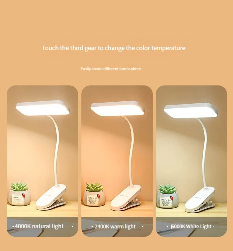 LED Clip-On Desk Lamp With Eye Care,360° Flexible,USB Rechargeable & Plug-in Dimmable LED Night Desk Lamp for Bedroom Study Read