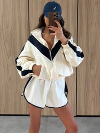 Fashion Contrast 2 Piece Short Set Women's Stand Collar Zip Lightweight Jacket Loose Mini Shorts 2026 New Lady Casual Outfit