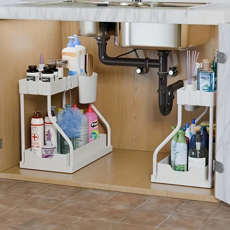 Space Saving 2 Tier Under Sink Organizer Pull Out Durable Storage Box For Kitchen Bathroom Large Capacity Drawer Organizer