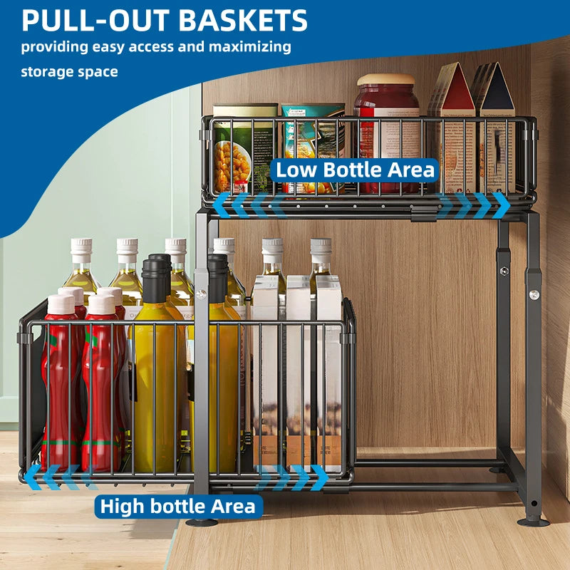 Under Sink Organizer 2 Tier Height Adjustable Cabinet Storage Metal Kitchen Organizer Multi-purpose Organizers for Cupboard