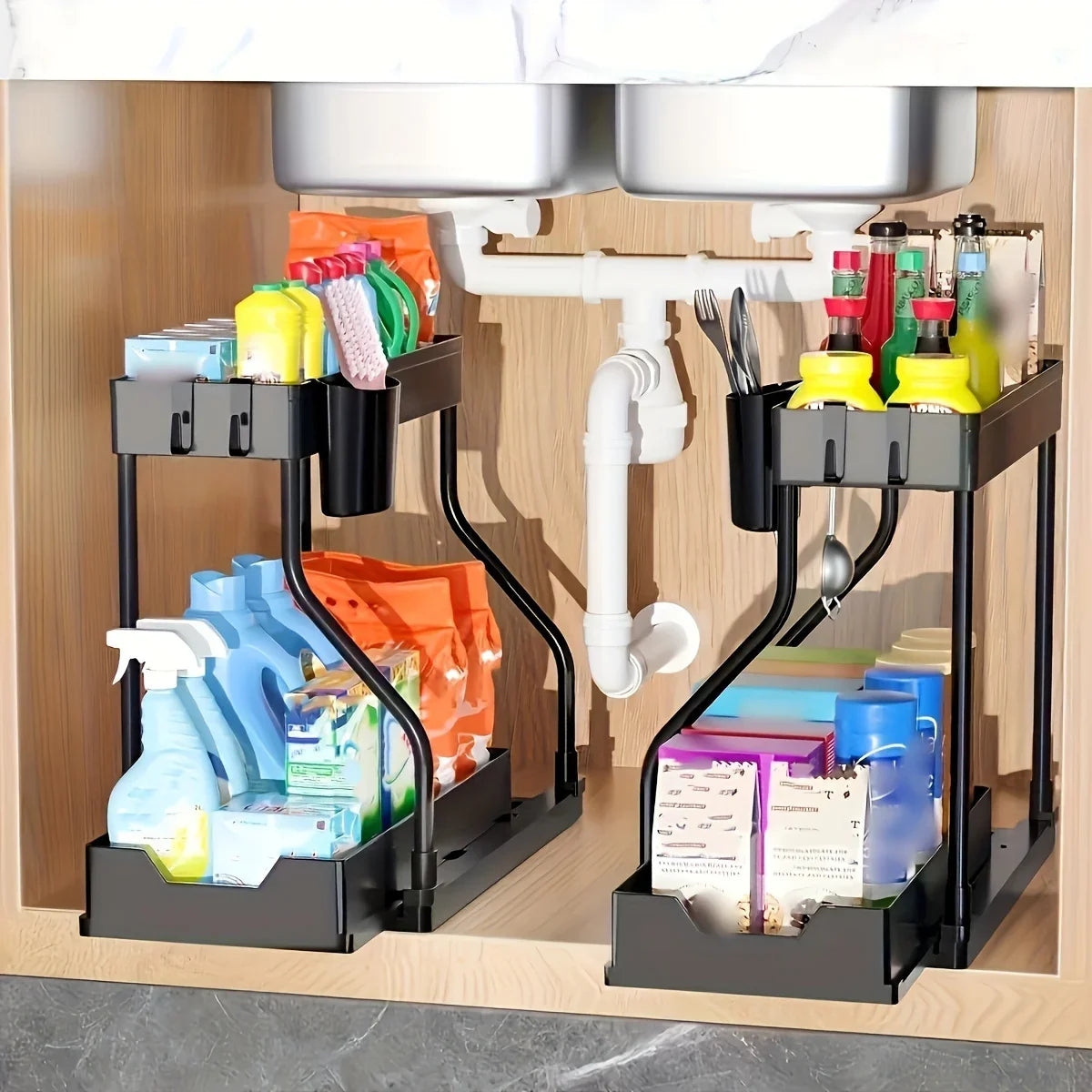 Space Saving 2 Tier Under Sink Organizer Pull Out Durable Storage Box For Kitchen Bathroom Large Capacity Drawer Organizer