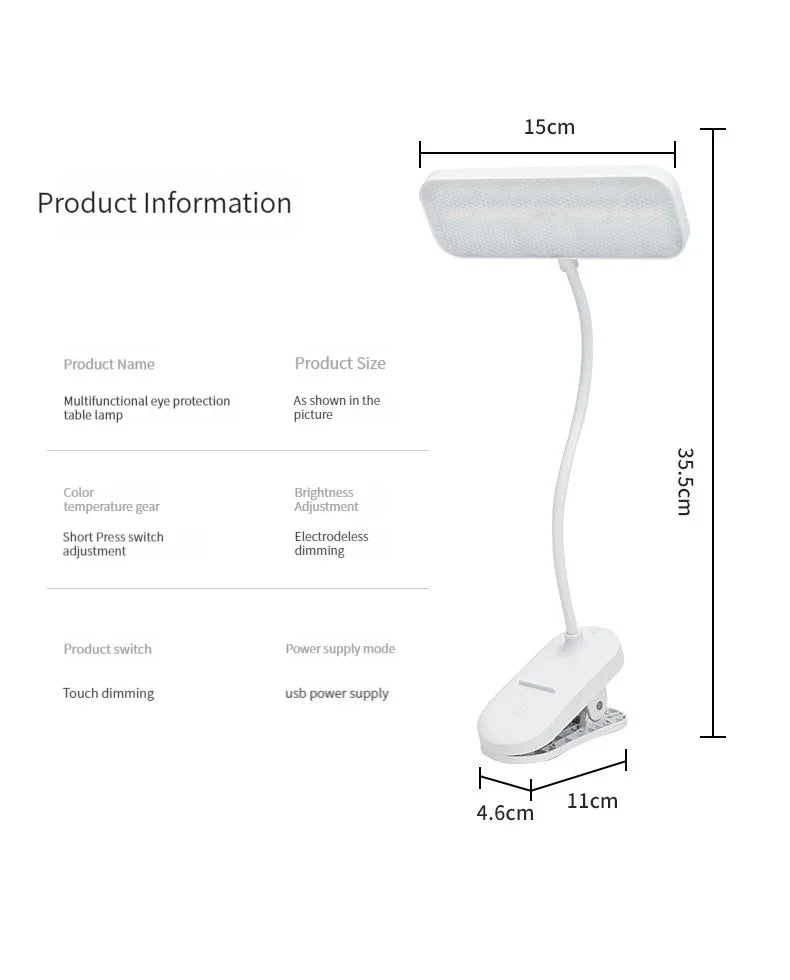 LED Clip-On Desk Lamp With Eye Care,360° Flexible,USB Rechargeable & Plug-in Dimmable LED Night Desk Lamp for Bedroom Study Read