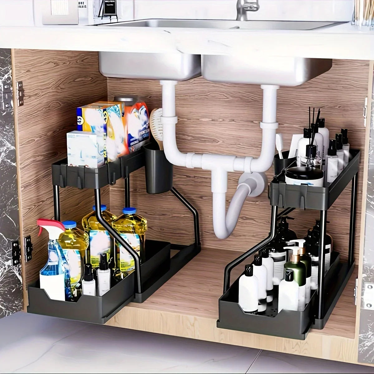 Space Saving 2 Tier Under Sink Organizer Pull Out Durable Storage Box For Kitchen Bathroom Large Capacity Drawer Organizer