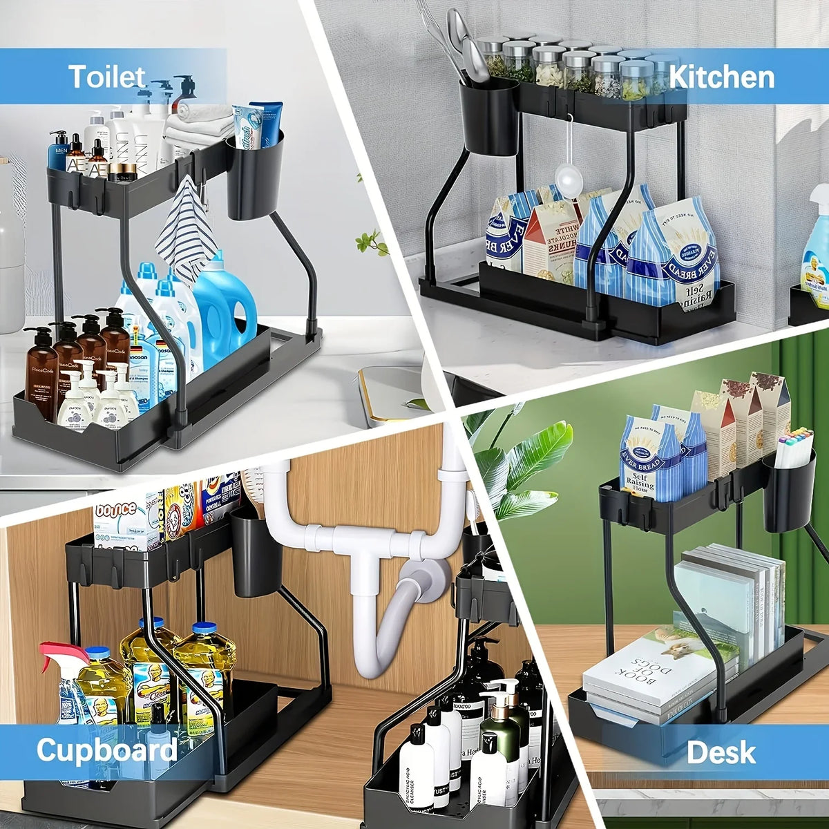 Space Saving 2 Tier Under Sink Organizer Pull Out Durable Storage Box For Kitchen Bathroom Large Capacity Drawer Organizer