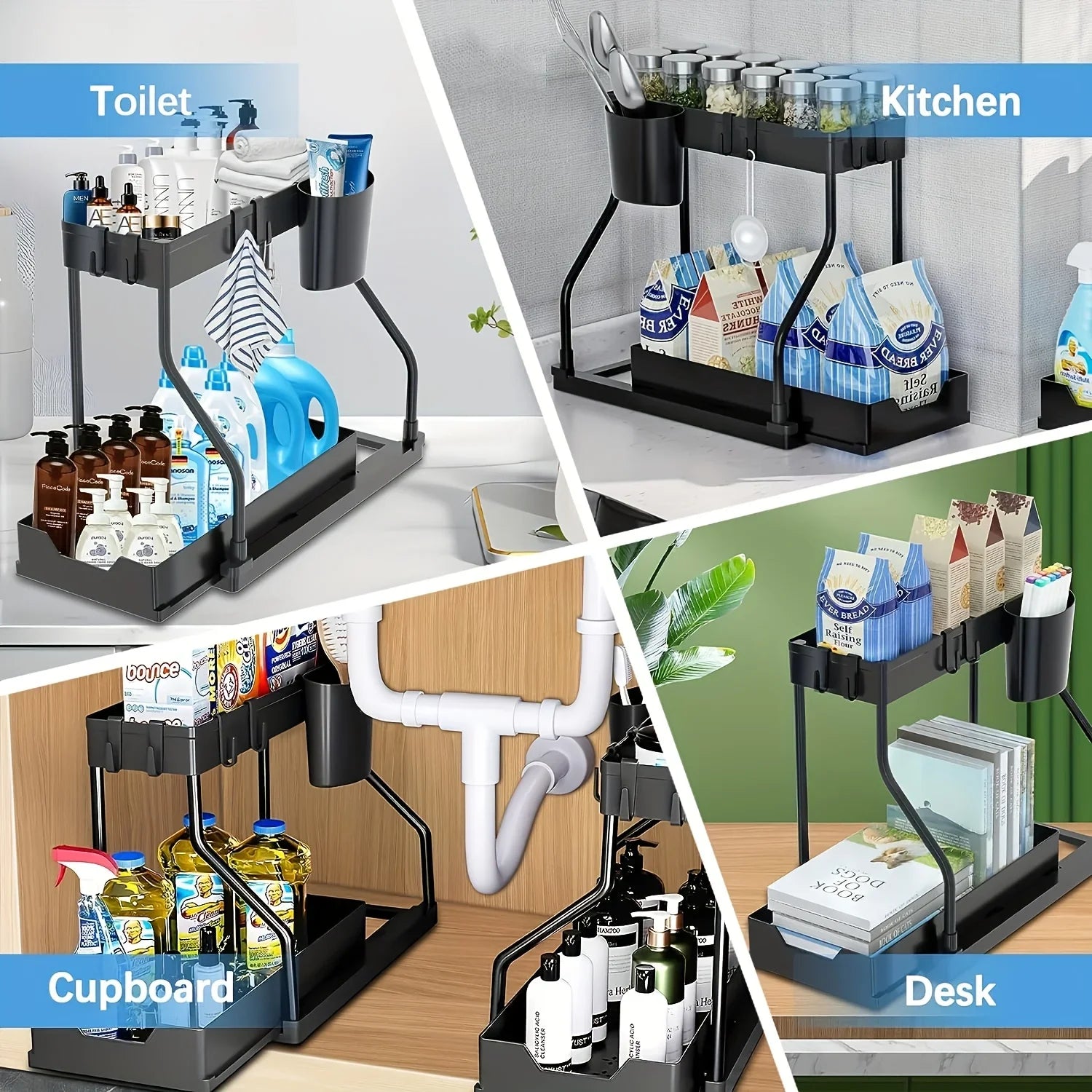 Space Saving 2 Tier Under Sink Organizer Pull Out Durable Storage Box For Kitchen Bathroom Large Capacity Drawer Organizer