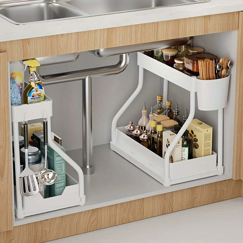 Space Saving 2 Tier Under Sink Organizer Pull Out Durable Storage Box For Kitchen Bathroom Large Capacity Drawer Organizer
