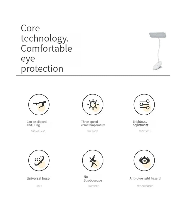 LED Clip-On Desk Lamp With Eye Care,360° Flexible,USB Rechargeable & Plug-in Dimmable LED Night Desk Lamp for Bedroom Study Read