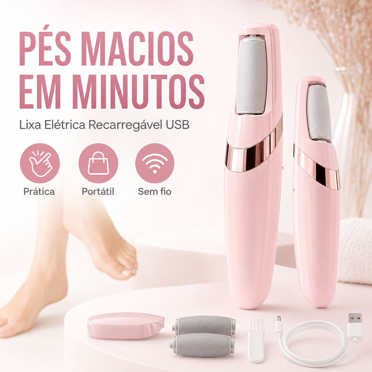Lixa Elétrica para Pés Recarregável 360°